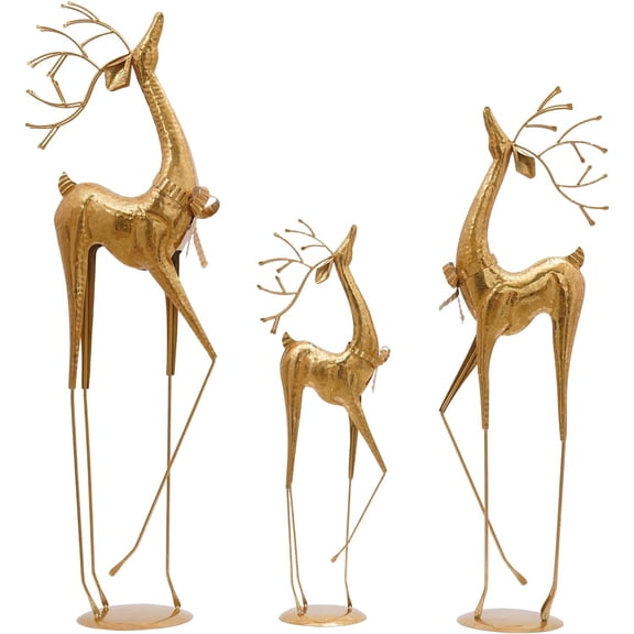 Miumaeov Gold Reindeer Statue Set of 3, Large Christmas Reindeer Decor Indoor, Vintage Metal Deer Figurines for Home, Stores, Holiday Decoration