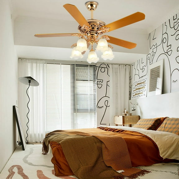 Miumaeov Golden Ceiling Fan Light with 5 Reversible Blades and Remote Control 52-Inch Chandelier Fan Light Fixtures for Living Room Bedroom 5-Light Reverse Function