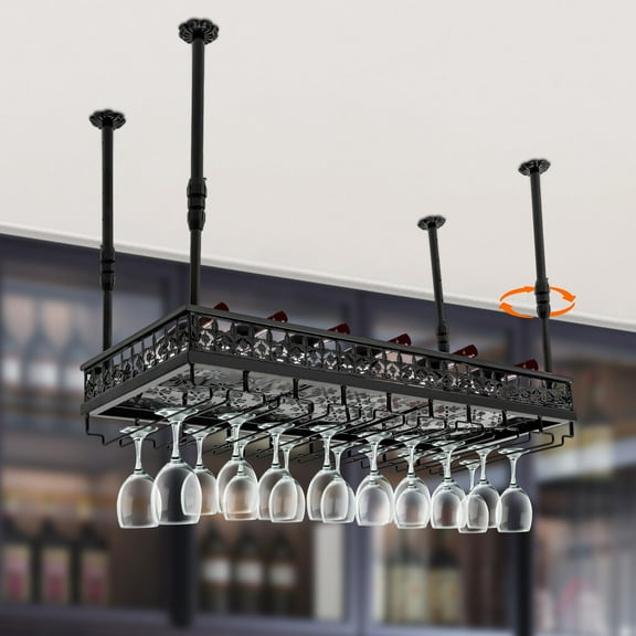 Miumaeov Hanging Wine Rack with Glass Holder Ceiling Wine Glass Rack 13.78-21.65 inch Height Adjustable Industrial Hanging Wine Rack Ceiling Mounted Metal Wine Shelf Holder for Bar Cafe Kitchen