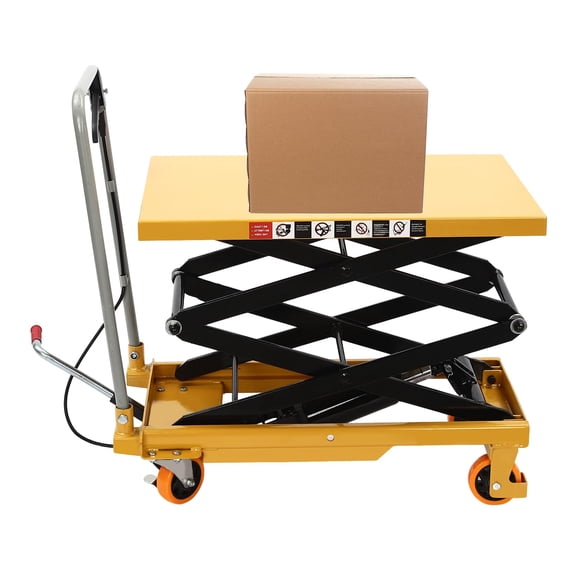 Miumaeov Hydraulic Lift Table Cart 770 Lbs, 51 Inch Lifting Height Double Scissor Pallet Truck with 4 Locking Wheels for Material Handling Warehouse, Yellow