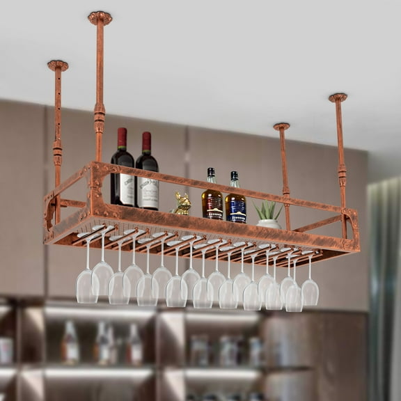 Miumaeov Industrial Bar Floating Shelf Metal Wine Holder Ceiling Mounted Hanging Wine Racks for Wine Bottle and Wine Glass for Home Bar Cafe Kitchen Restaurant