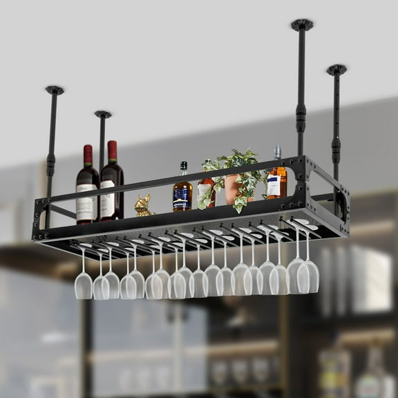 Miumaeov Industrial Bar Floating Shelf Metal Wine Holder Ceiling Mounted Hanging Wine Racks for Wine Bottle and Wine Glass for Home Bar Cafe Kitchen Restaurant