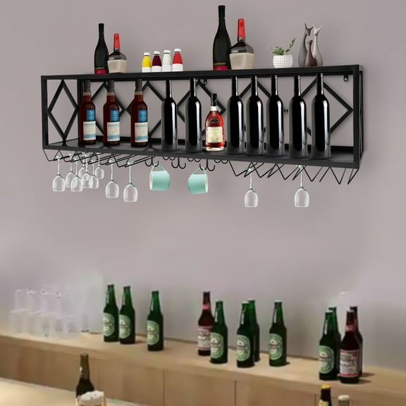 Miumaeov Industrial Metal Floating Bar Shelves Wine Shelf Display Rack with Glass Holder Wall Mounted Wine Rack for Home Bar Dining Room Kitchen 59.06 x 9.84 x 15.75 in
