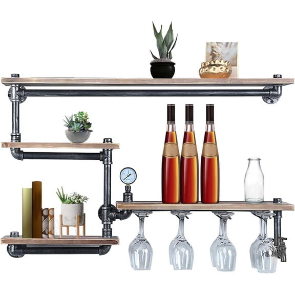 Miumaeov Industrial Pipe Shelf Wine Rack with 4 Stem Glass Holder Rustic Wall Mounted Bar Shelves Bottle Holder Floating Wood Storage Shelf for Home Kitchen Living Room Farmhouse Decor
