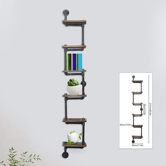 Miumaeov Industrial Pipe Shelving Wall Mounted 6 Tier Flaoting Shelf 75in Rustic Wood Plate Book Shelves