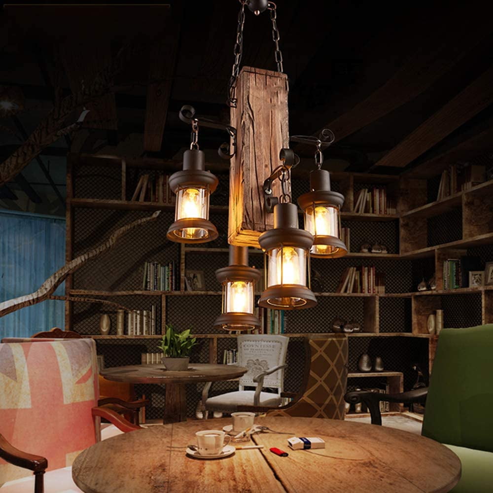Miumaeov Industrial Vintage Wooden Hanging Farmhouse Pendant Light Retro Loft Lantern Chandelier 4 Lights Suspension Island Lighting Fixture for Kitchen Dining Coffee Shop Restaurant