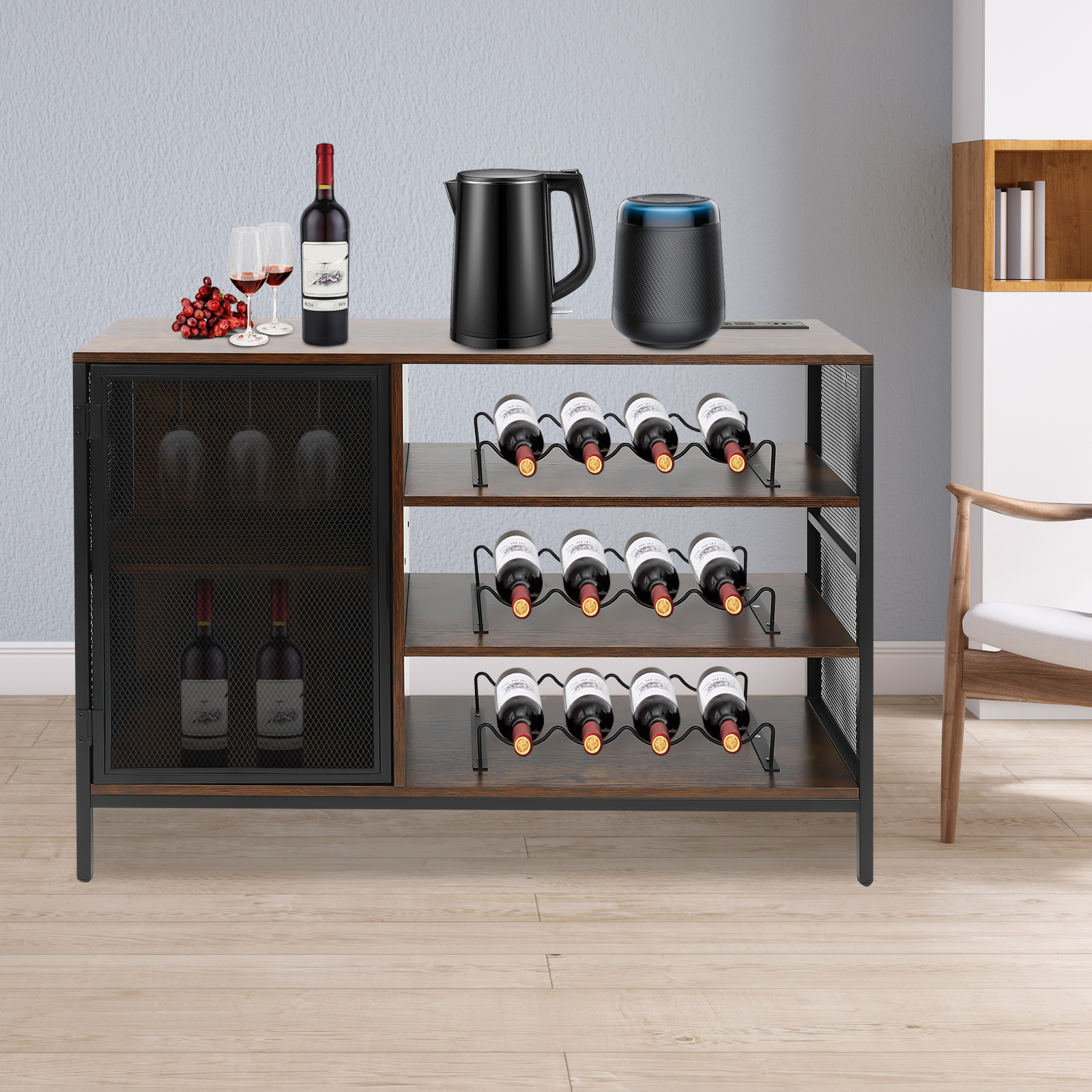 Miumaeov Industrial Wine Bar Cabinet with Power Outlets Freestanding ...