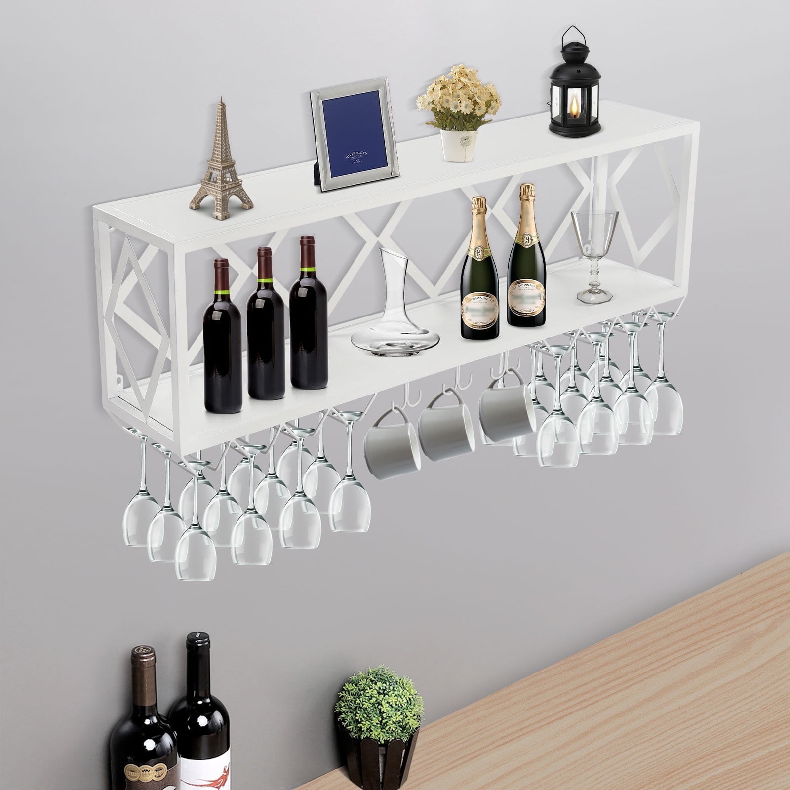 Miumaeov Industrial Wine Rack, Wall Mounted Metal Wine Bottle Holder,  Multifunctional Hanging Wine Glass Rack, Modern Hanging Wine Holder with Storage  Shelves for Home Bar Living Room Kitchen, White - Walmart.com