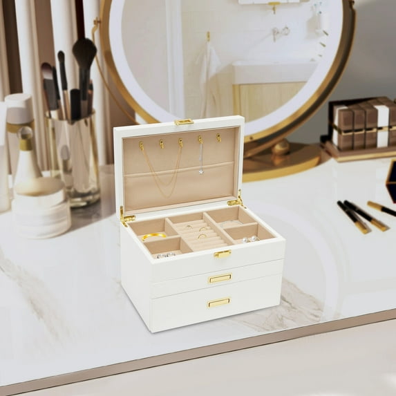 Miumaeov Jewelry Box with Lock 3 Layers Large Jewelry Storage with Drawers Jewelry Organizer Cabinet for Rings Earrings Bracelets Necklaces