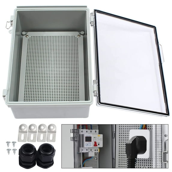 Miumaeov Junction Box, Hinged Cover Stainless Steel Latch Project Box Enclosure, ABS Plastic IP67 Waterproof Dustproof Electrical Project Case with 2 Cable Gland (13.8x9.8x5.9 inch)