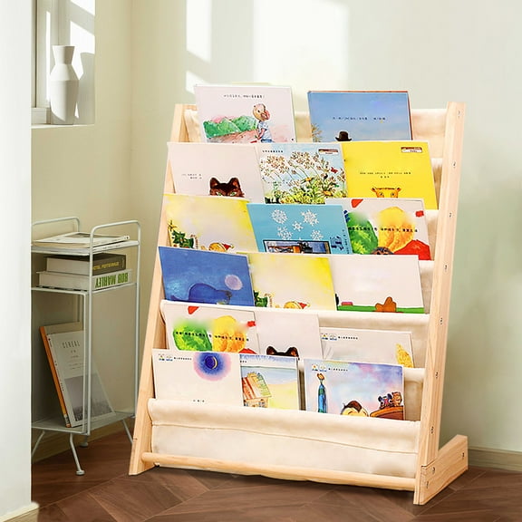 Miumaeov Kids Bookshelf, 6-Layer Kids Sling Book Rack Shelf Organizer for Kids Bedroom Playroom Toy Storage(Beige)