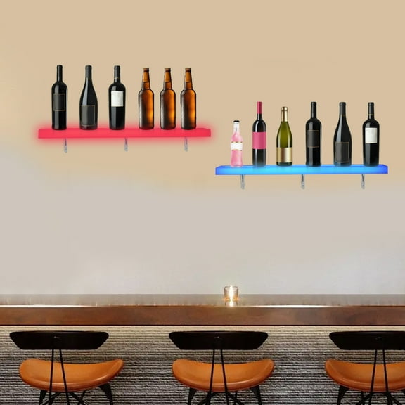 Miumaeov LED Liquor Bottle Display Shelf, 32 inch Acrylic Lighted Bar Shelf with Remote Controller, 2 Pieces Wall Mounted Display Shelves for Home Commercial Bar