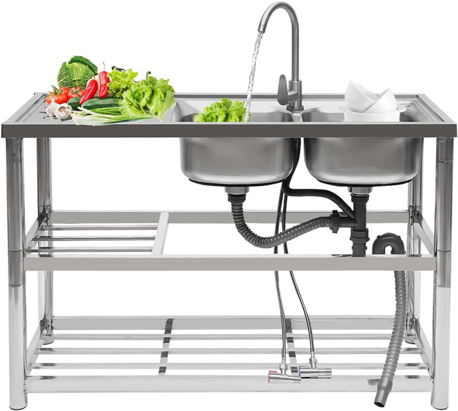 Miumaeov Large Double Bowl Kitchen Sinks, Stainless Steel Utility Sink with 2-Tier Shelves, Indoor/Outdoor Sink for Garage, Farmhouse