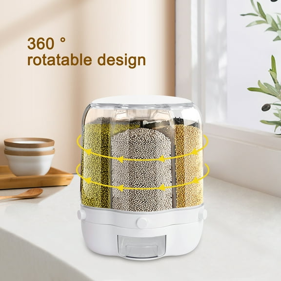 Miumaeov Large Rotating Food Dispenser Rice Dispenser 6-Grid Rice Bucket Whole Grains Rice Container Storage with Lid Dry Food Dispenser Storage Box for Kitchen White (12.5KG)