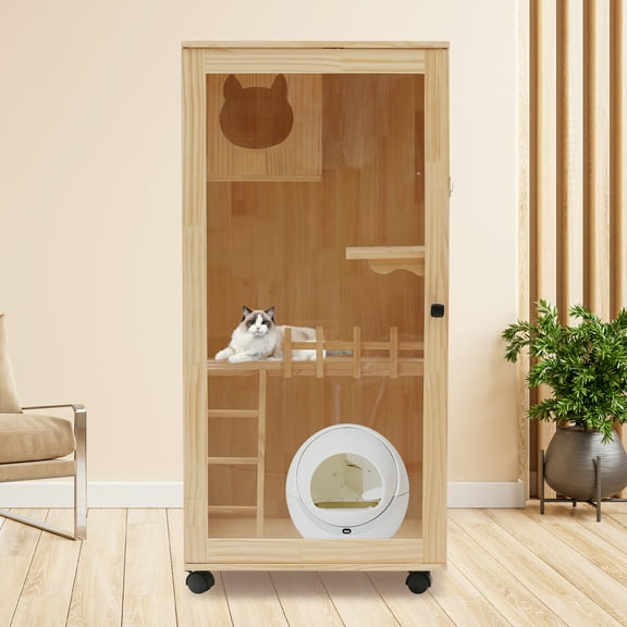 Miumaeov Large Wooden Cat House for Outdoor and Indoor Cats,Luxury Multi-Feature Cat Condo with Cat Scratching Posts Oversized Cat Villa on Wheels (23.62*23.62*47.24 inch)
