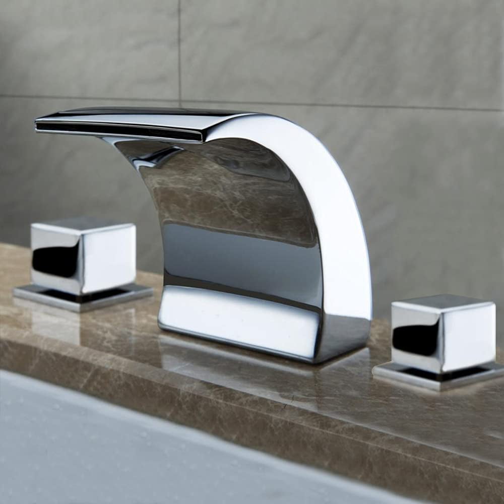 Miumaeov Led Waterfall Faucet, 3 Colored Changing Bathroom LED Light Sink Faucet, LED Light Faucet with Dual Handles & 3 Holes, Premium Brass Body Bathroom Sink Faucet
