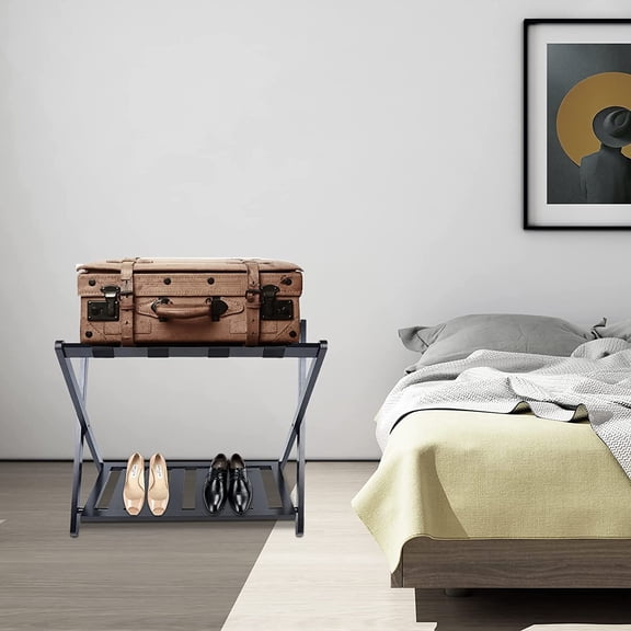 Miumaeov Luggage Rack, Household 2 Tiers Black Luggage Storage Rack, High-Grade Bamboo Wood Foldable Design, Strong Load-Bearing Capacity for Home Hotel Use