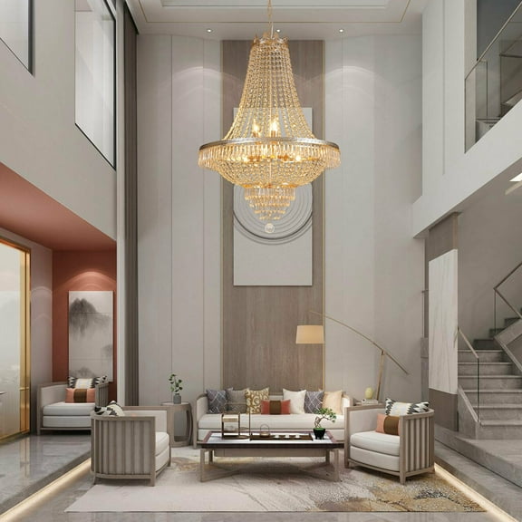 Miumaeov Luxury K9 Crystal Chandelier Gold French Empire Large Foyer Ceiling Light Pendant Lamp Fixture