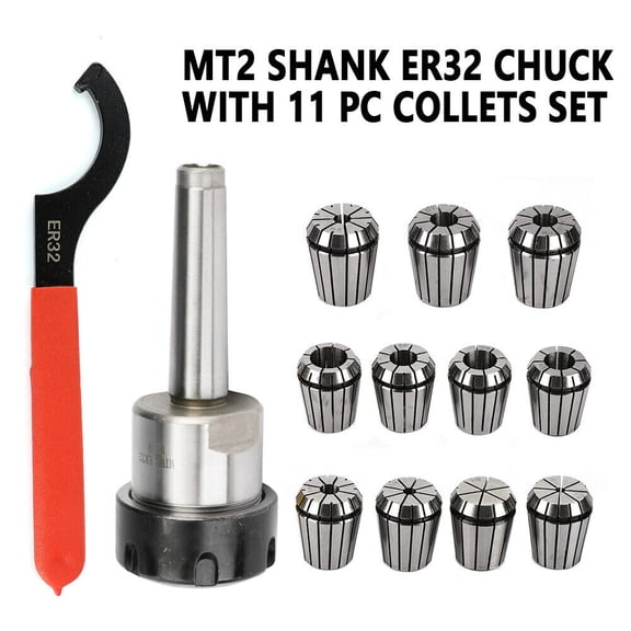 Miumaeov MT2 ER32 Morse Taper Collet Chuck Tool ER32 Chuck Set Precision MT2 Shank Spanner with 11pcs Collet Set for Milling Machine