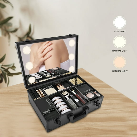 Miumaeov Makeup Organizer Case with LED Light & Mirror Travel Cosmetic Train Box with Adjustable Dividers