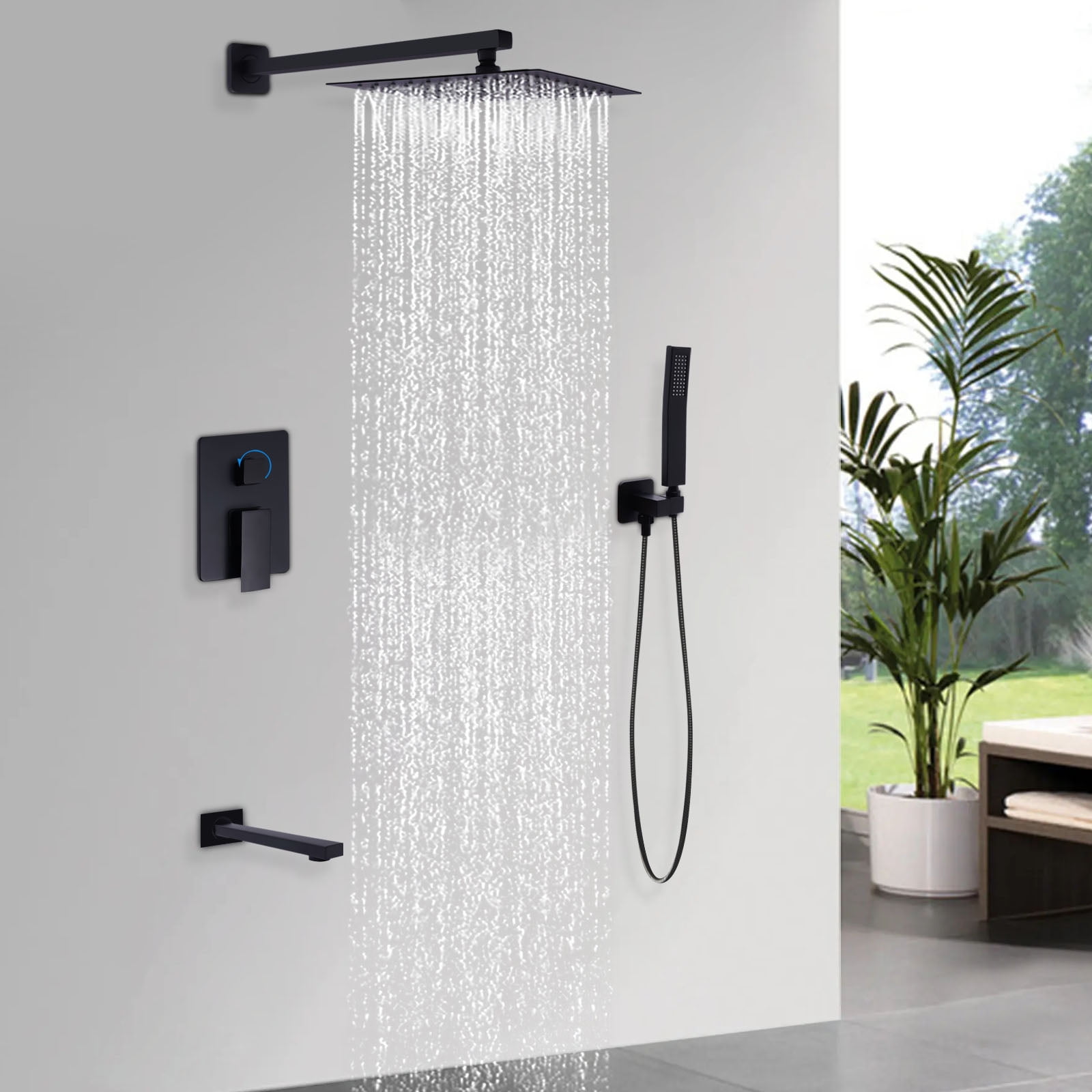 Miumaeov Matte Black Bathroom Shower System, 10 Inch Rainfall Shower Head with Handheld Spary, Wall Mounted Waterfall Tub Spout Combo Set, Rough-in Valve 3 Function Mixer Shower Faucet