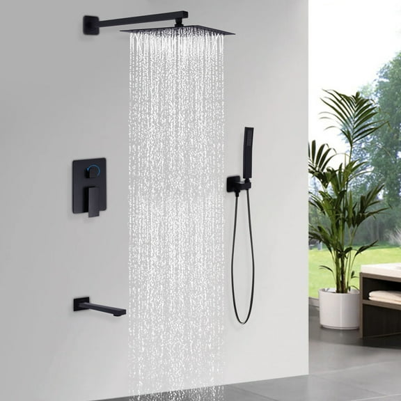 Miumaeov Matte Black Bathroom Shower System, 10 Inch Rainfall Shower Head with Handheld Spary, Wall Mounted Waterfall Tub Spout Combo Set, Rough-in Valve 3 Function Mixer Shower Faucet