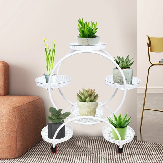 White Wrought Iron Plant Stand with Wheels – 6-Tier Rolling Flower Pot Holder for Living Room, Office, Yard
