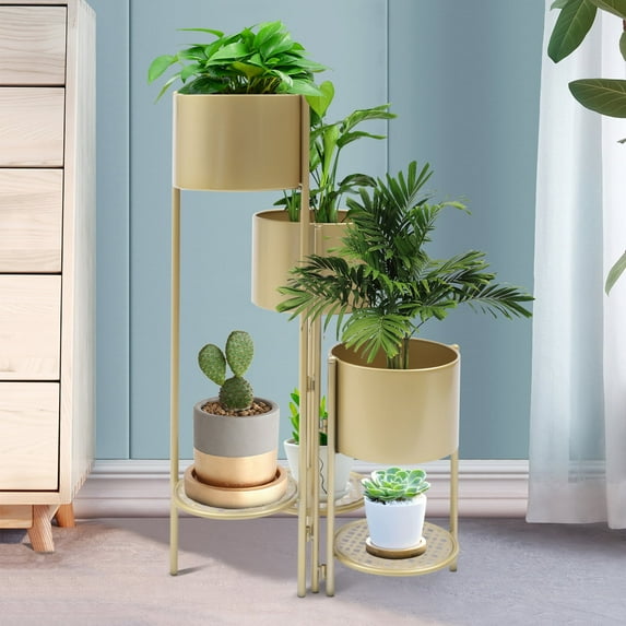 Miumaeov Metal Plant Stand, 6 Tier Indoor Outdoor Flower Pot Stand Holder Shelves, Foldable Decorative Display Rack for Potted Plant for Patio Garden, Living Room, Corner Balcony & Bedroom (Golden)