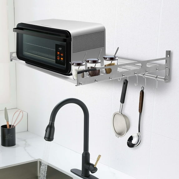 Miumaeov Microwave Oven Rack Wall Mount Oven Stand Countertop Stainless Steel Kitchen Organizer Shelf with Hooks