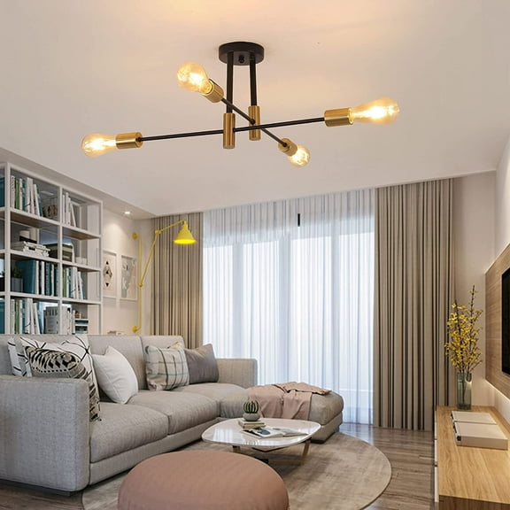 Miumaeov Mid Century Chandelier Black and Copper LED Modern Ceiling Light Fixture Living Room Dining Bedroom Kitchen Foyer 4 Lights