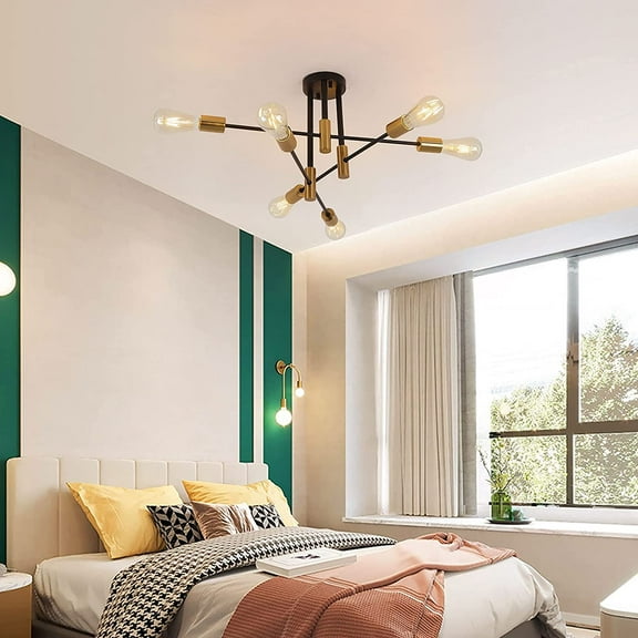 Miumaeov Mid Century Chandelier Black and Copper LED Modern Ceiling Light Fixture Living Room Dining Bedroom Kitchen Foyer 6 Lights