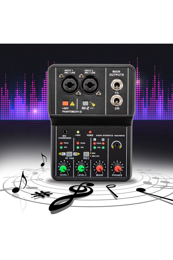 Mini 2 Channel Audio DJ Mixer Console Interface 48V Power Professional Audio Equipment for Studio Live Show Party Recording Microphone/Guitar XLR+6.35mm 3.5mm Stereo in