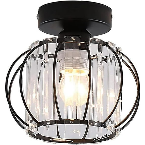 Miumaeov Mini Crystal Chandelier Semi Flush Mount Ceiling Light Fixture Industrial Metal Cage Ceiling Lamp Fixture for Entryway Hallway