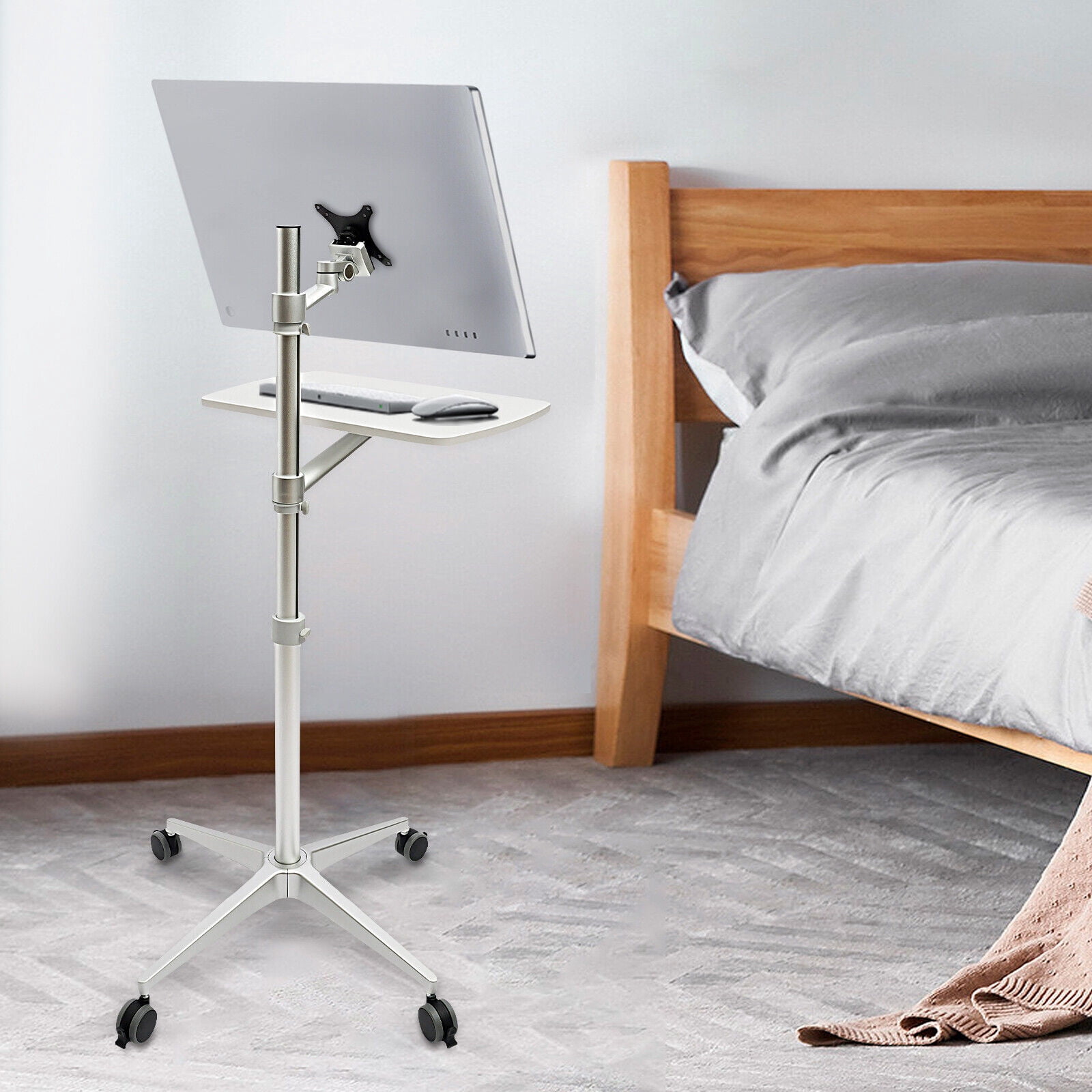 Miumaeov Mobile Desk Rolling Cart with Lockable Wheels Height Adjustable Workstation Trolley Stand with Shelf Laptop Computer Floor Stand Holds up to 11.02lbs for Home Office School Silver