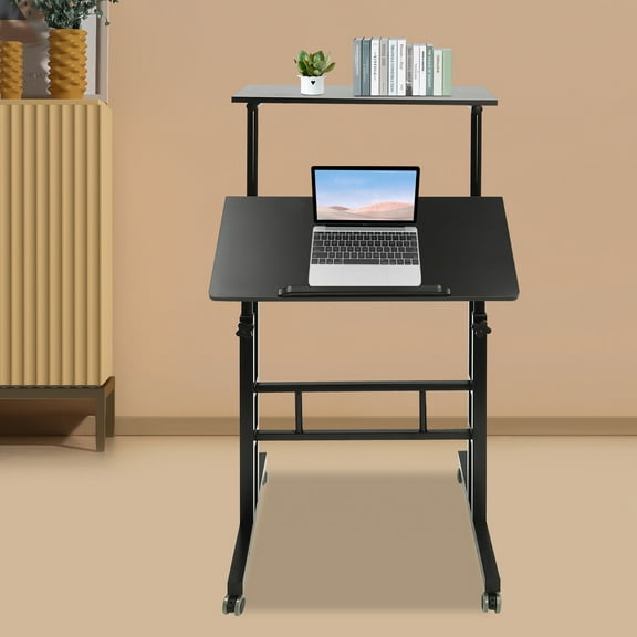 Miumaeov Mobile Stand Up Desk with Height Adjustable Standing Desk with Wheels Portable Rolling Laptop Cart for Home Office Standing or Sitting