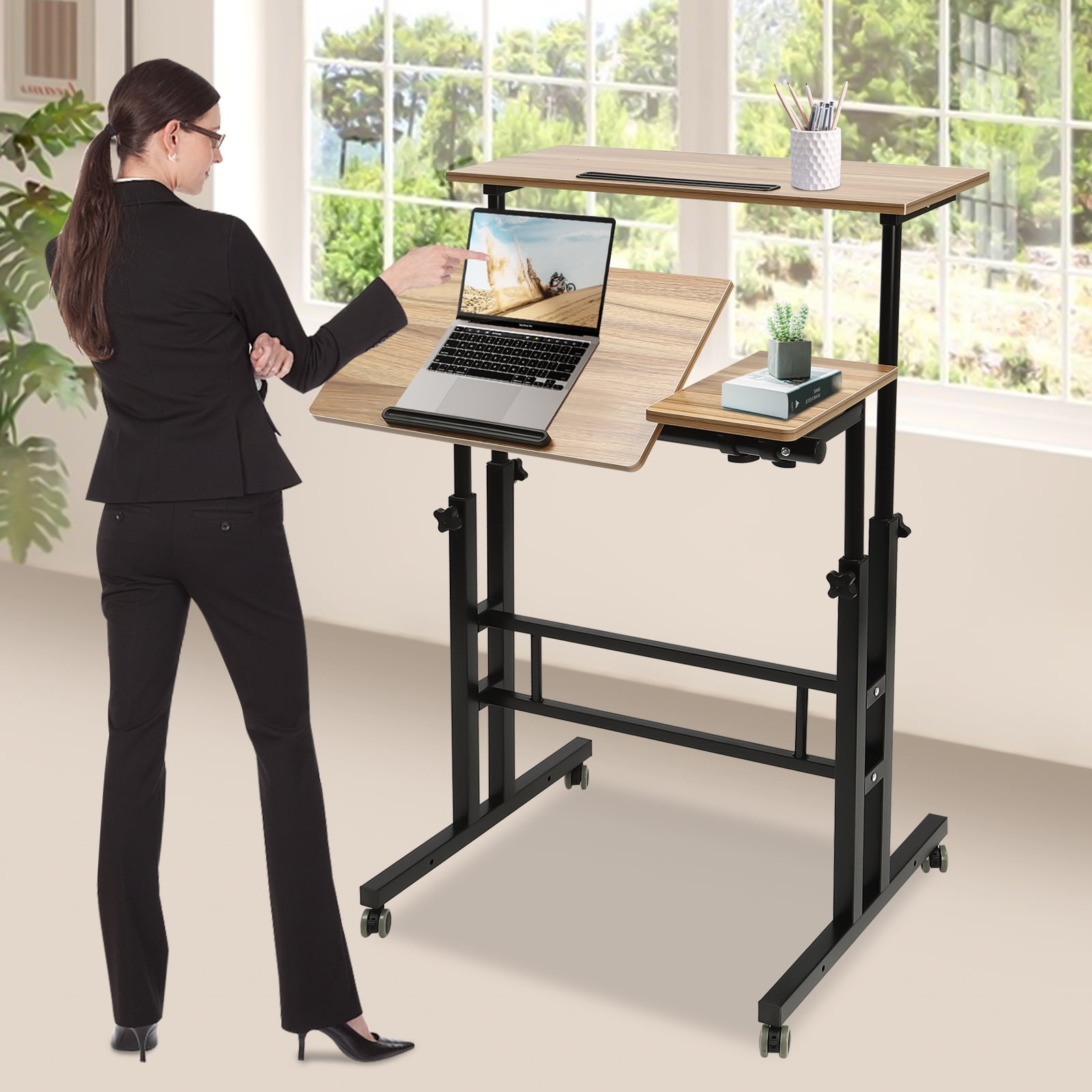 Miumaeov Mobile Stand Up Desk with Height Adjustable Standing Desk with Wheels Portable Rolling Laptop Cart for Home Office Standing or Sitting