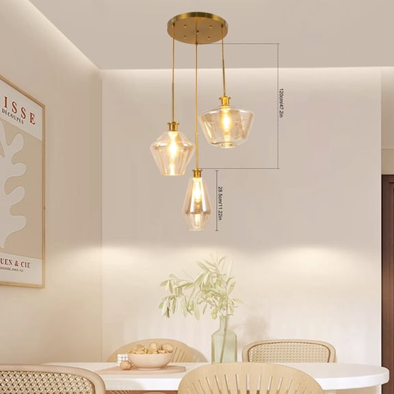 Miumaeov Modern 3-Light Pendant Light Fixtures Flush Mount Gold Hanging Ceiling Lamp with Glass Shade & Adjustable Height for Kitchen Island Living Room Hallway Hall