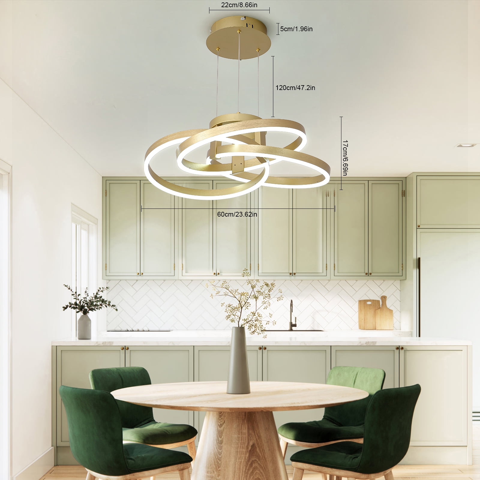 Gold 3-Ring Dimmable LED Chandelier – Adjustable Height Modern Pendant Light For Dining Room, Kitchen Island & Living Room