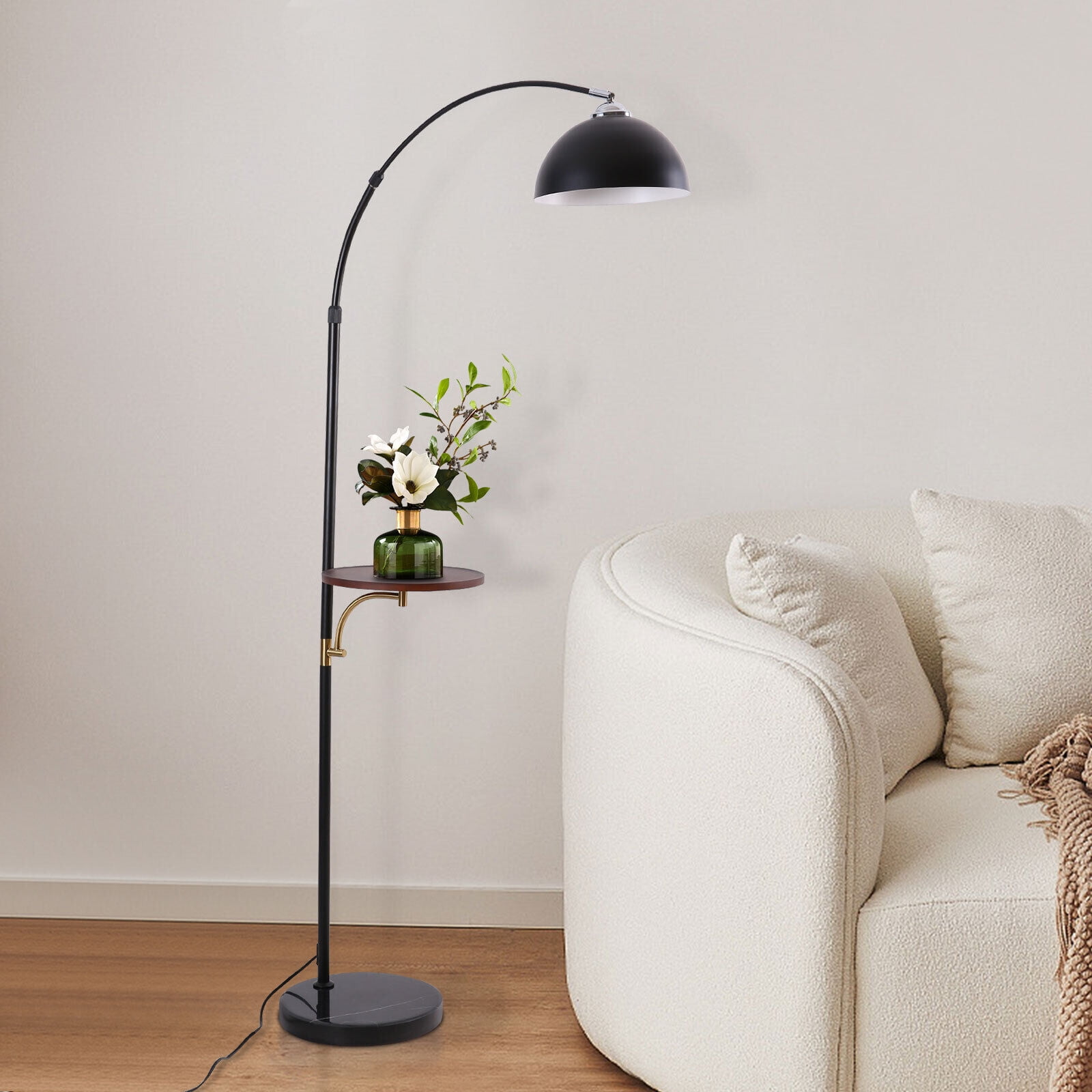 Miumaeov Modern Arc Floor Lamp with Shelves Industrial Rustic Floor Standing Lamps with 360Rotatable Metal Shade Marble Base for Reading Working for Living Room Bedroom Office