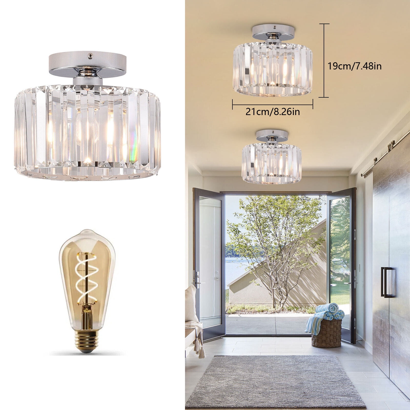 Miumaeov Modern Contemporary Crystal Chandelier Pendant Lamp Close to Ceiling Light Fixture for Living Room Silver