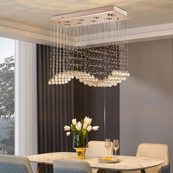 Miumaeov Modern Crystal Chandelier Rectangular Raindrop Chandelier Flush Mount Chrome Ceiling Light Fixture for Dining Rooms Kitchen Living Room 8 Light L31.4'' x W11.8'' x H27.5''