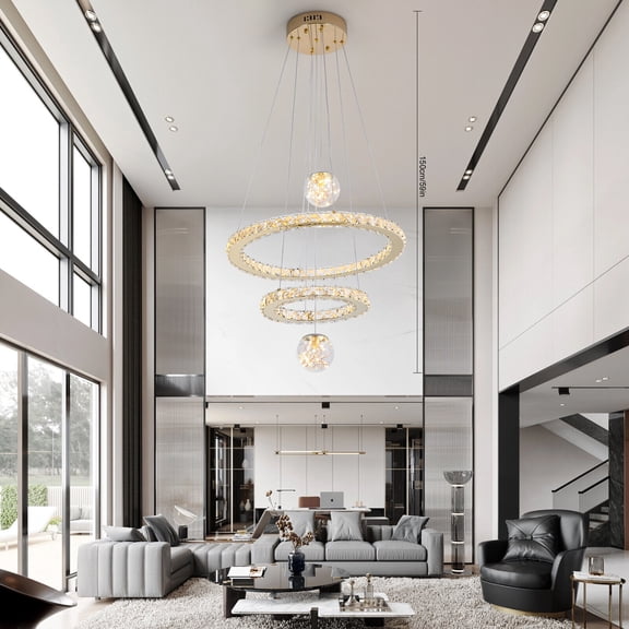 Miumaeov Modern LED Chandeliersr 2 Rings Dimmable Luxury Stainless Steel Ceiling Light for Dining Room Foyer Entryway Living Room