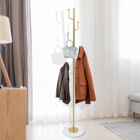 Miumaeov Modern Metal Coat Rack 67-inch Clothes Stand with Stable Marble Base 6 Hooks for Coats Hats Bags Purses Gold