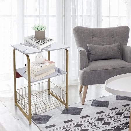 Miumaeov Modern Nightstands, 3-Tier Simple Stylish Side Table for Living Room, Wooden Night Stand Bedside Table Coffee Table with Metal Frame 15.7 x 11.8 x 24.4 inches (Gold + White)