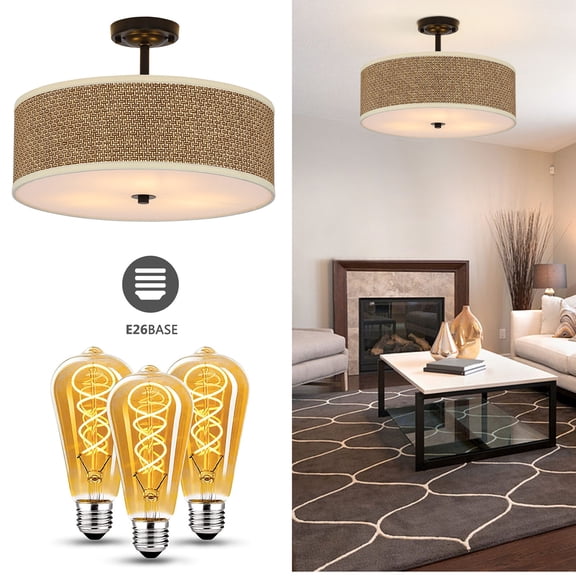 Miumaeov Modern Round Rattan Ceiling Hanging Lamp Fixture Semi Flush Chandelier Pendant Light