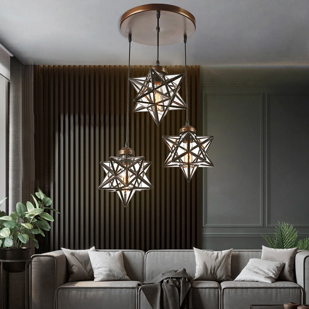 Miumaeov Moravian Star Pendant Light 3-Light Vintage Clear Glass Chandelier Star Hanging Lighting Fixture Adjustable Height for Kitchen Island Living Room Bedroom Brown