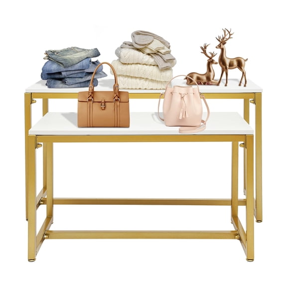 Miumaeov Nesting Tables 2 Piece Set, Gold Metal Display Riser for Shoes Handbags, Retail Display Table for Boutique Store, Modern Home Decor, Gold WhiteLoad110lbs(39.37x15.75x22in;31.5x15.75x18.1in)