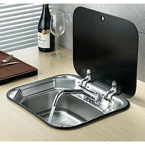 Miumaeov Outdoor RV Stainless Steel Sink Hand Wash Basin Kitchen Basin Sink with Lid Glass Lid Cold + Hot Faucet for RV Caravan Camper Boating Bar Prep Hand Sink Spout Faucet and Strainer Full set