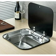 Miumaeov Outdoor RV Stainless Steel Sink Hand Wash Basin Kitchen Basin Sink with Lid Glass Lid Cold + Hot Faucet for RV Caravan Camper Boating Bar Prep Hand Sink Spout Faucet and Strainer Full set