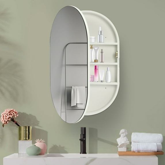 Miumaeov Oval Wall Cabinet with Mirror 3 Tiers Storage Cabinet with Swing Door for Toilet Bathroom 19.76" x 30.82"